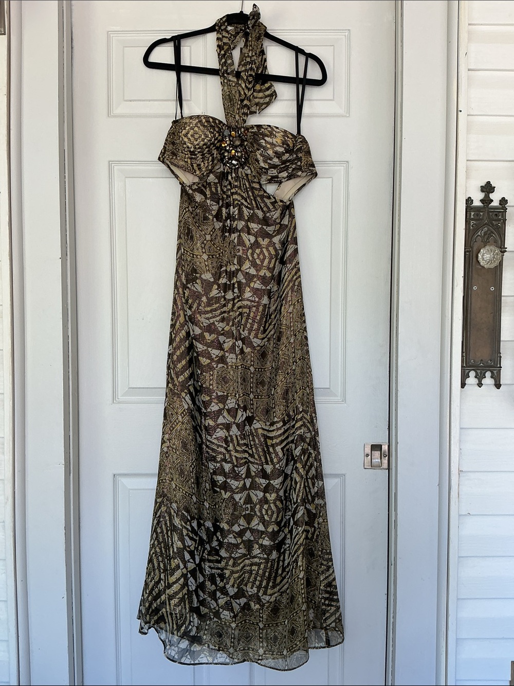 BCBGMaxAzria Brown and Cream Halter Empire Maxi Dress